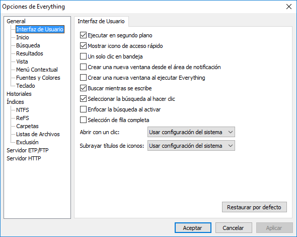 Everything Opciones Interfaz