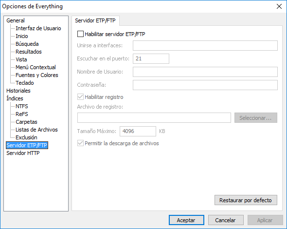 Everything Opciones Servidor ETP/FTP